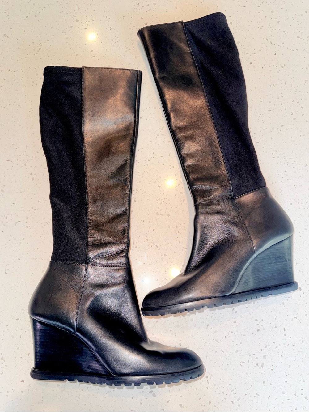 Michael Kors Black Leather & Stretch Knee-High Wedge Boots
